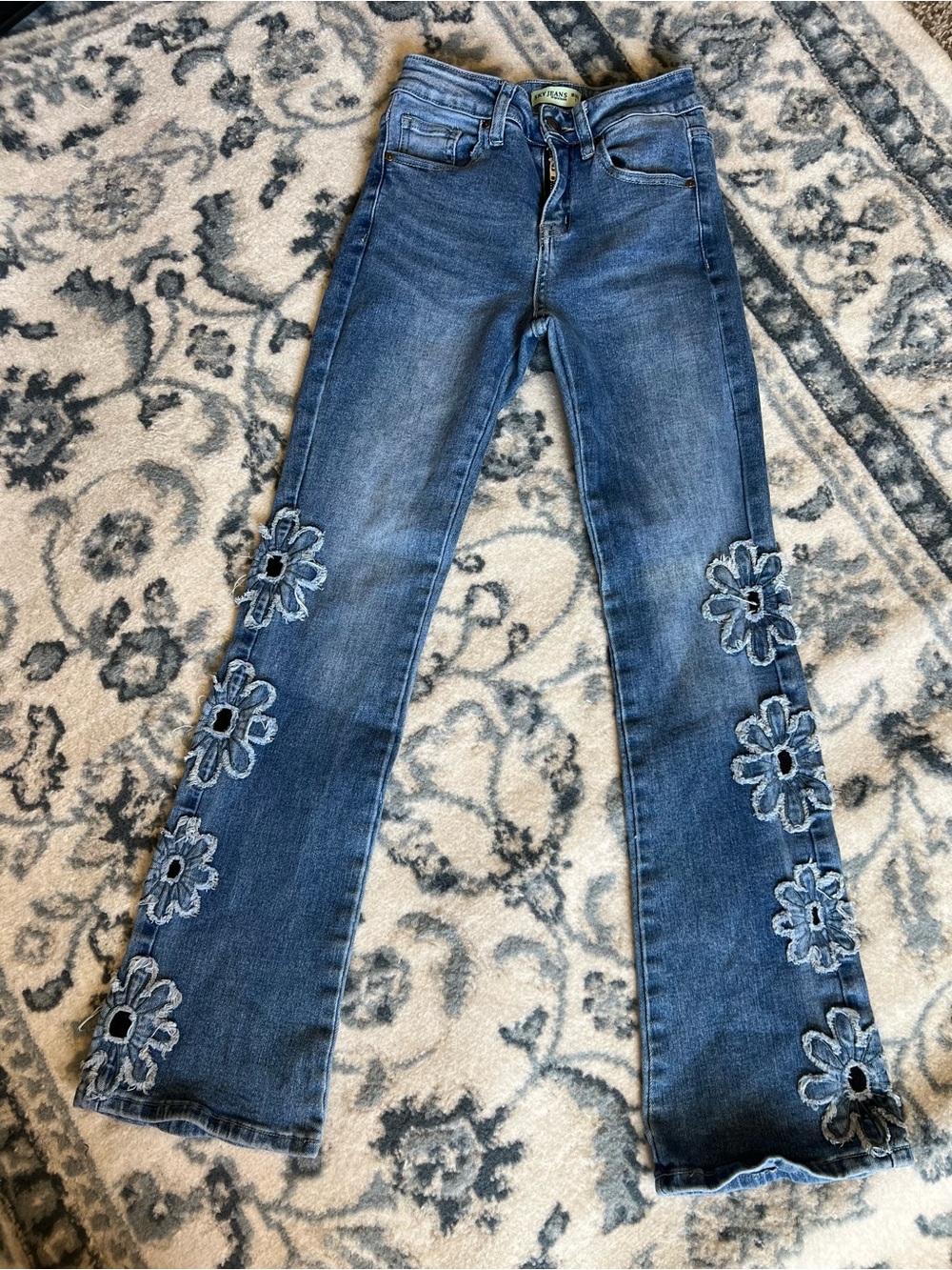 Sky Denim Flare Jeans with Appliqué Floral Panels